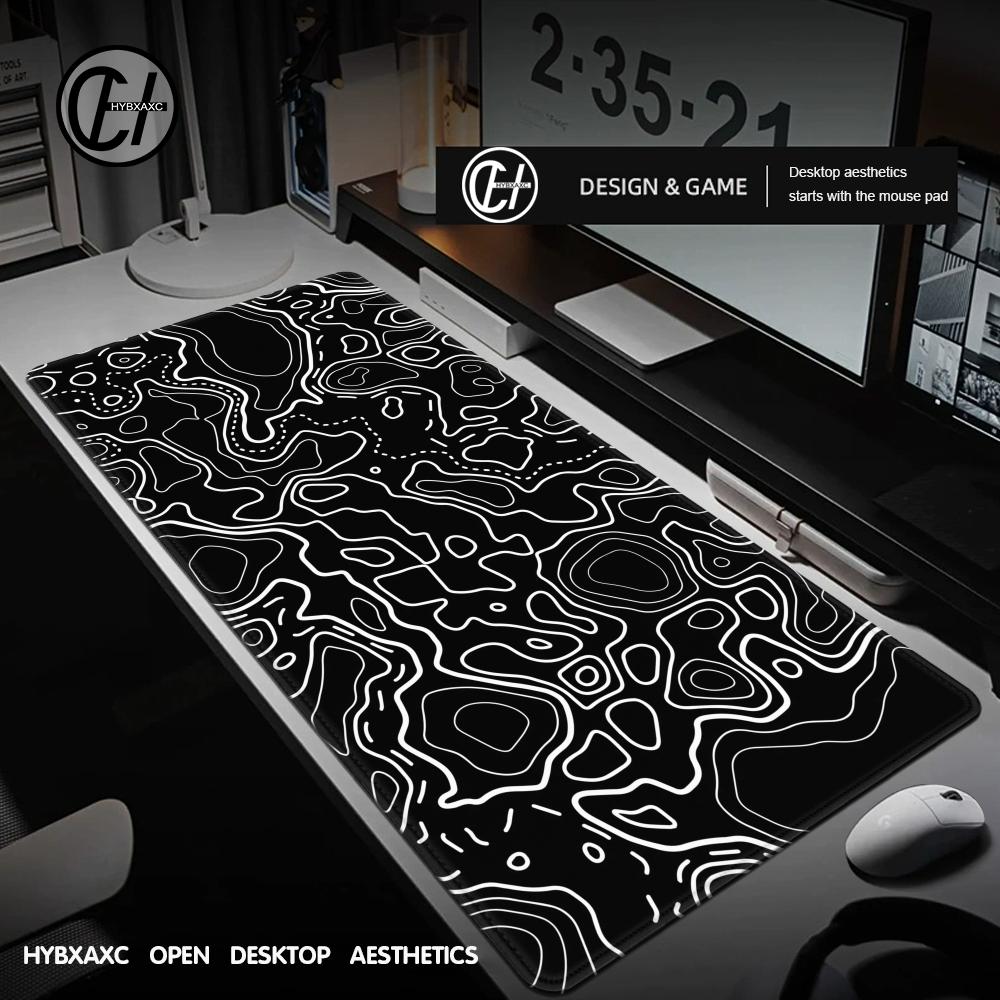 Desk Setup Accessories Aesthetic - 1200x600 Black White Topographic Map Mousepad